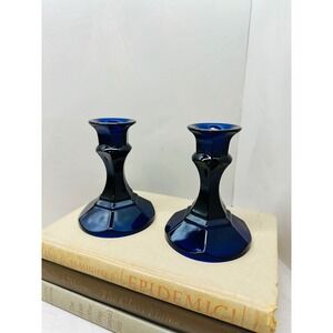 Vintage Cobalt Blue Glass Candlesticks Hexagonal Base Taper Holders Set of 2